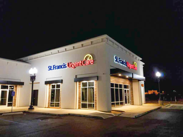 Nightly exterior of St. Francis Urgent Care in Monroe.